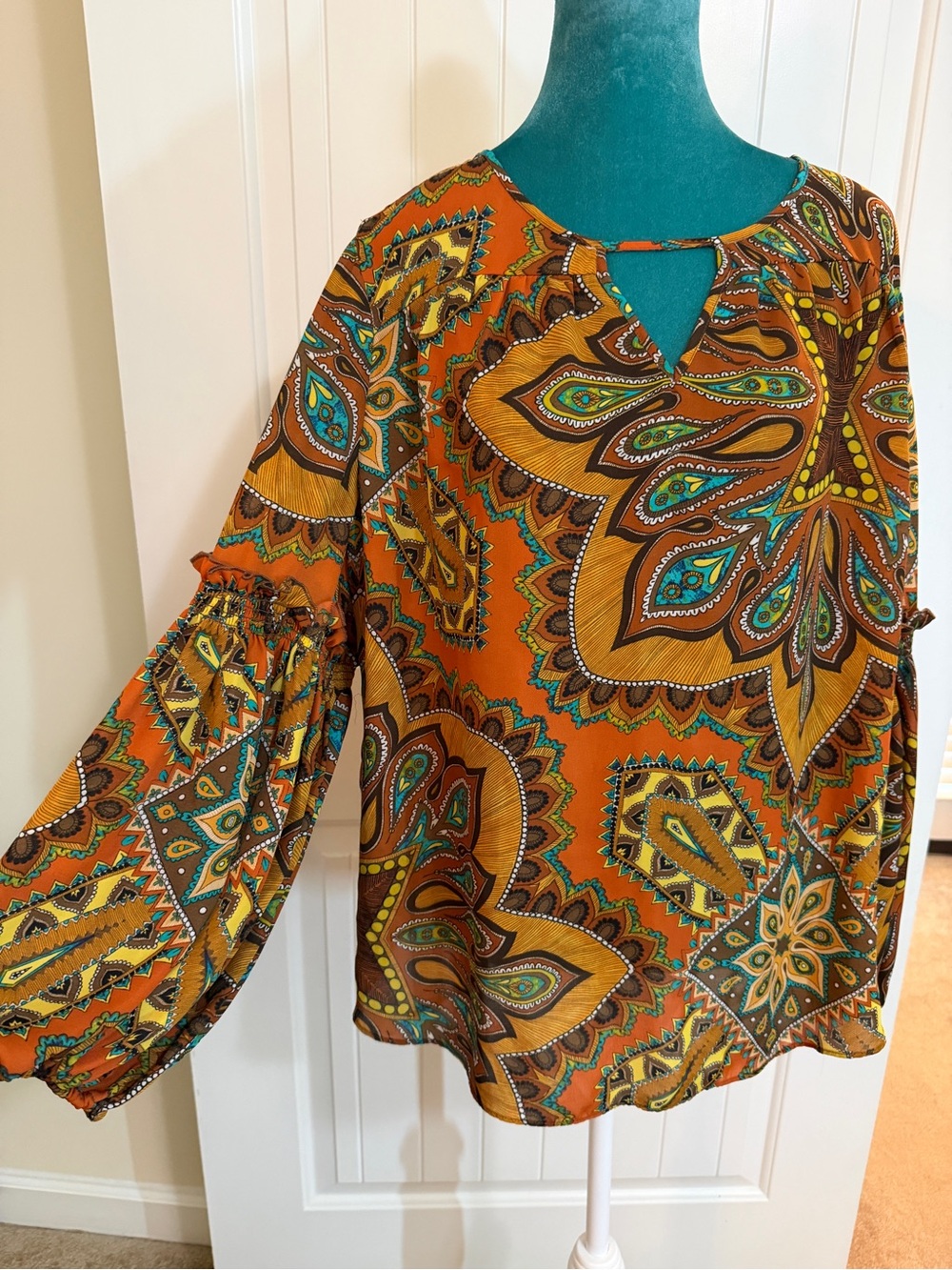 Chico's Mustard Paisley Balloon-Sleeve Top Gold/Orange/Brown Sz 2R